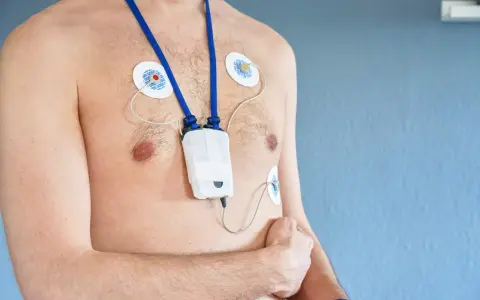 Mężczyzna z przyklejonymi elektrodami i urządzeniem holter ekg na szyi, monitorującym pracę serca.