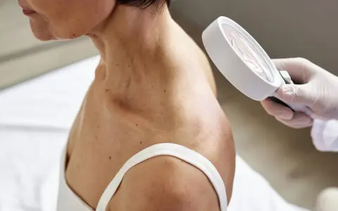 Dermatolog ogląda skórę szyi i ramion pacjentki przez lupę.