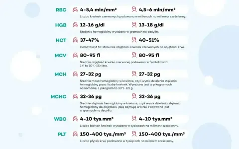 Tabela norm badań krwi: RBC, HGB, HCT, MCV, MCH, MCHC, WBC, PLT. Wyniki podane w jednostkach takich jak mln/mm³, g/dl, %, fl, pg, tys./mm³.