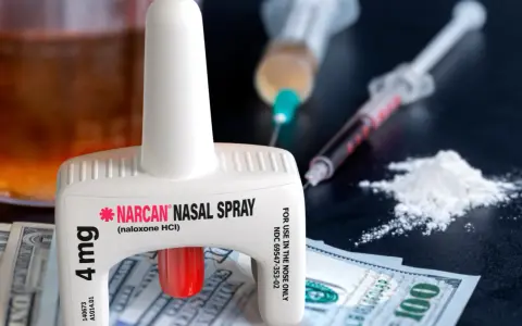 Nasalny spray nalokson, strzykawki z substancją, biały proszek i banknoty dolarowe.