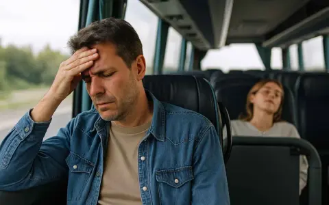 Mężczyzna z ręką na czole w autobusie, cierpiący na chorobę lokomocyjną. Obok śpi młoda kobieta.