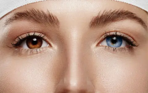 Oczy z heterochromią: jedno brązowe, drugie niebieskie. Delikatna opaska na głowie.