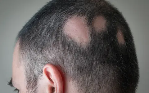 Łysienie plackowate u mężczyzny, widoczne okrągłe ubytki włosów na ciemnej głowie.