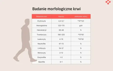 Tabela z badaniem morfologia krwi: składniki, normy i jednostki miary. Obok sylwetka człowieka.