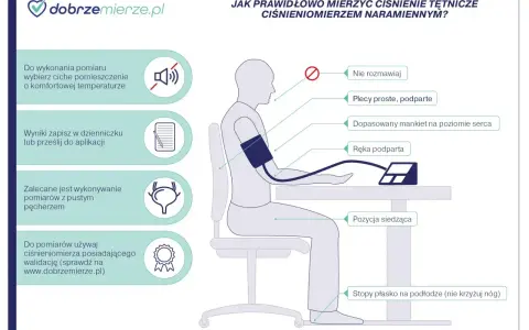 Prawidłowe mierzenie ciśnienia: ciche miejsce, plecy proste, mankiet na sercu, ręka podparta, stopy płasko. Zapisz wyniki.