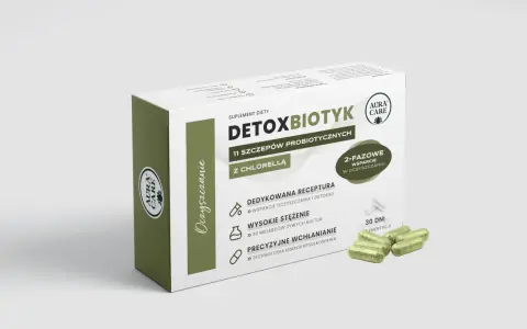 Opakowanie suplementu diety Detoxbiotyk z chlorellą, wspierające oczyszczanie. Zawiera 11 szczepów probiotycznych.