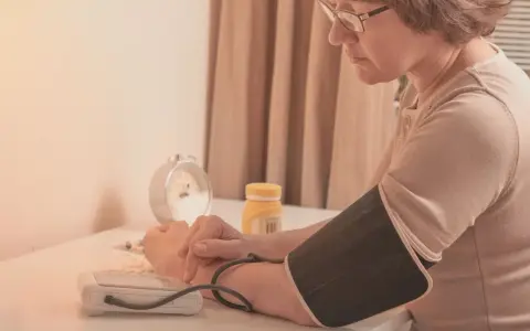 Kobieta w okularach mierzy ciśnienie. Na stole leżą tabletki i budzik. To część jej codziennej rutyny, by dbać o tezeo.