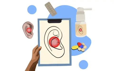 Ilustracja przedstawia różne metody leczenia bólu ucha: tabletki, spray, rysunek ucha z zaznaczonym bólem.