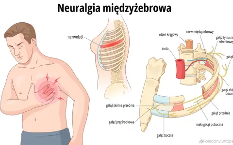 Ilustracja przedstawia mężczyznę z bólem w klatce piersiowej oraz schemat nerwów międzyżebrowych i kręgosłupa.