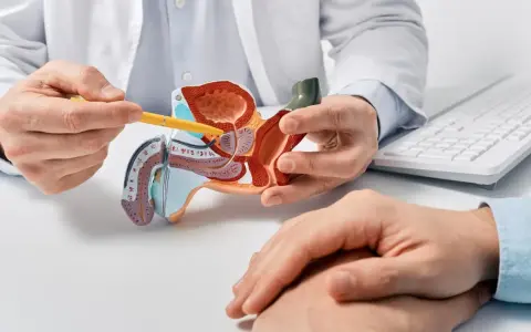 Lekarz omawia z pacjentem model układu moczowo-płciowego, wskazując na obszar prostaty, co może dotyczyć problemów z zapaleniem prostaty.