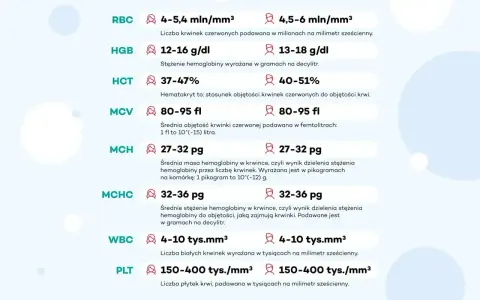 Tabela parametrów krwi: RBC, HGB, HCT, MCV, MCH, MCHC (średnie stężenie hemoglobiny), WBC, PLT.