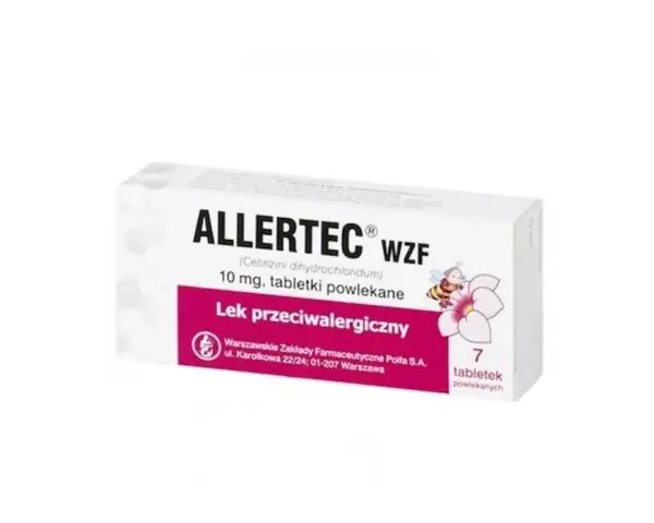 Opakowanie leku Allertec WZF z desloratadyną, 7 tabletek powlekanych, na alergię.