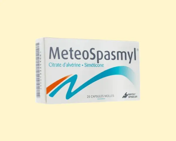 Opakowanie leku MeteoSpasmyl z napisem "Citrate d'alvérine • Siméticone" i grafiką fal.
