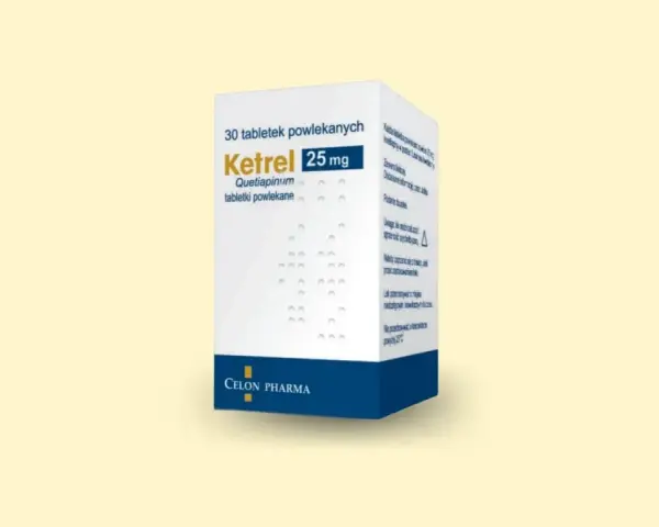 Opakowanie leku Ketrel 25 mg, zawierające 30 tabletek powlekanych. Stosowany w leczeniu schizofrenii i zaburzeń dwubiegunowych.
