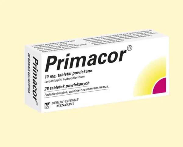 Opakowanie leku Primacor 10 mg, zawierające 28 tabletek powlekanych.