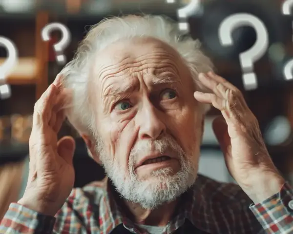 Starszy mężczyzna zdezorientowany, trzymający się za głowę. Wokół niego unoszą się znaki zapytania, symbolizujące chorobę Alzheimera i utratę pamięci.