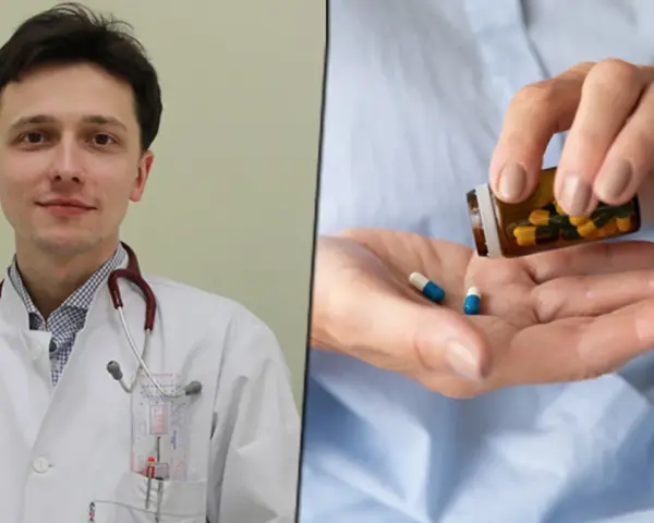 Lekarz w białym kitlu z ezehronem na szyi i pacjent biorący kapsułki.