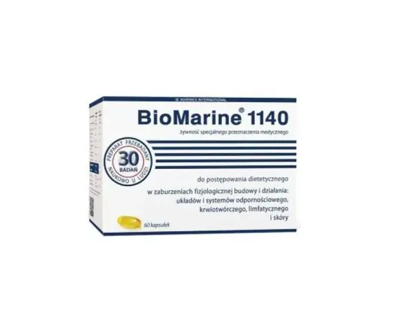Opakowanie suplementu BioMarine 1140, zawierające 60 kapsułek. Produkt przeznaczony do postępowania dietetycznego w zaburzeniach fizjologicznych.