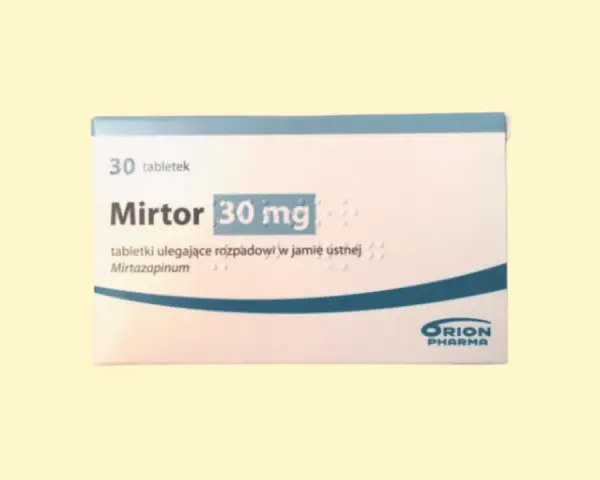 Opakowanie leku Mirtor 30 mg, zawierające 30 tabletek ulegających rozpadowi w jamie ustnej.