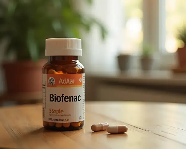 Butelka leku Biofenac 100 mg i dwie kapsułki na drewnianym stole.