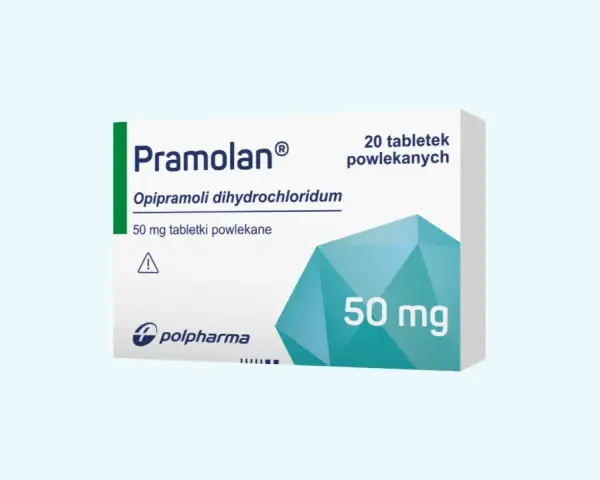 Opakowanie leku Pramolan 50 mg. Warto zapoznać się z ulotką dotyczącą pramolan dawkowanie.