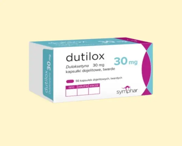 Opakowanie leku Dutilox z duloksetyną 30 mg, 56 kapsułek dojelitowych.