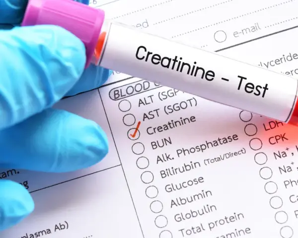 Rękawiczka w niebieskiej rękawiczce trzyma probówkę z napisem "Creatinine - Test". Obok zaznaczono "Creatinine", sugerując badanie poziomu kreatyniny w normie.