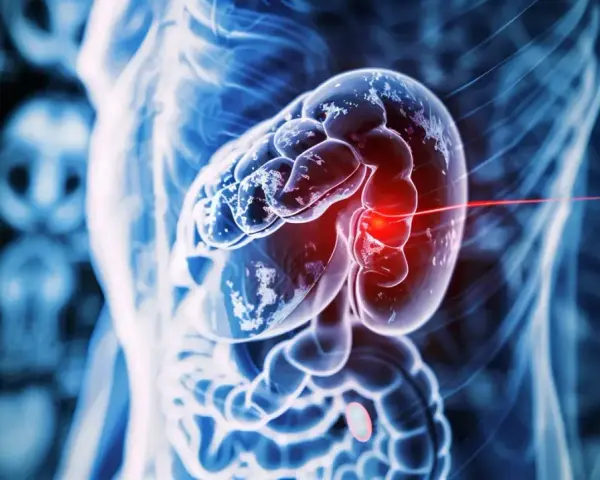 Anatomical visualization of a human torso, highlighting a significantly enlarged spleen with a red glow indicating an issue.