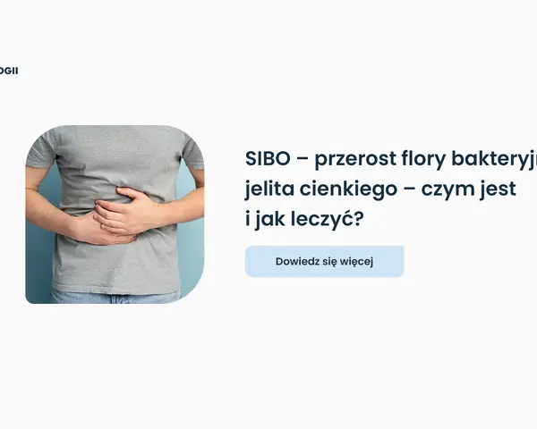 Mężczyzna trzyma się za brzuch, symbolizując problemy z jelitami. Tekst wyjaśnia, co to SIBO – przerost flory bakteryjnej jelita cienkiego.