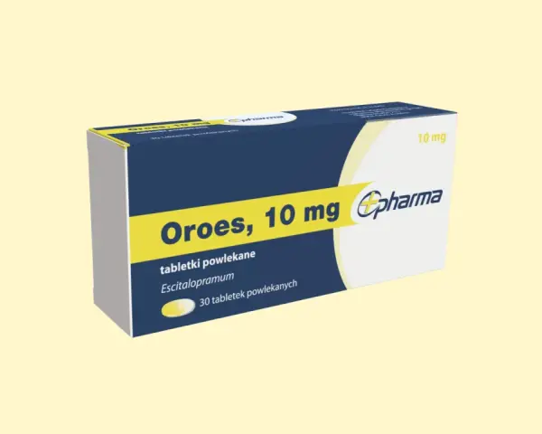 Opakowanie leku Oroes, 10 mg, zawierające 30 tabletek powlekanych Escitalopramum.