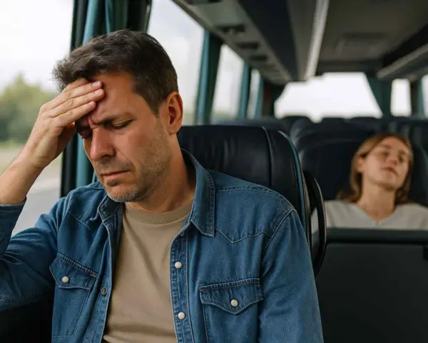 Mężczyzna z ręką na czole w autobusie, cierpiący na chorobę lokomocyjną. Obok śpi młoda kobieta.
