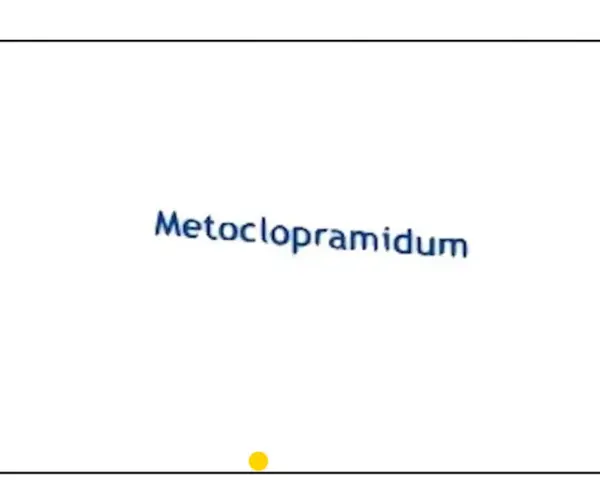 Napis "Metoclopramidum" na białym tle. Symbolizuje lek Metoclopramidum Polpharma.