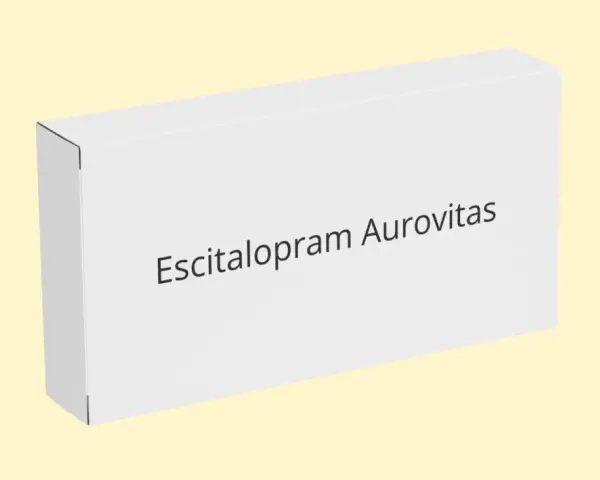 Białe pudełko leku Escitalopram Aurovitas, który pomaga w leczeniu depresji i zaburzeń lękowych.