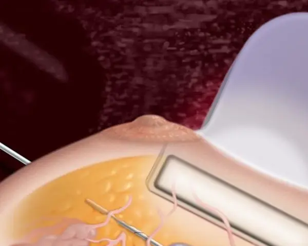 Ilustracja przedstawia biopsję mammotomiczną: igła biopsyjna pod kontrolą USG pobiera fragment tkanki piersi.