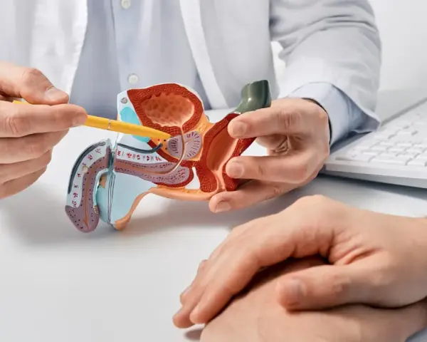 Lekarz omawia z pacjentem model układu moczowo-płciowego, wskazując na obszar prostaty, co może dotyczyć problemów z zapaleniem prostaty.