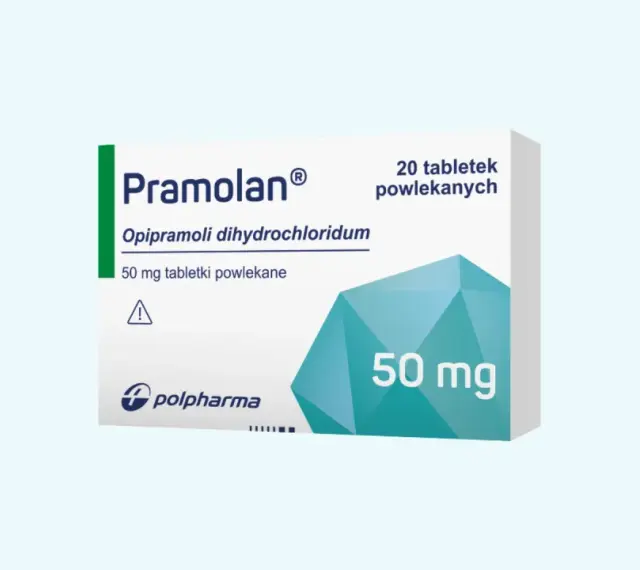 Opakowanie leku Pramolan 50 mg. Warto zapoznać się z ulotką dotyczącą pramolan dawkowanie.