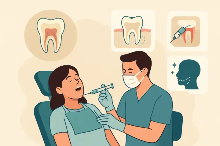 Dentysta podaje znieczulenie, być może propofol, pacjentce. W tle ikony zębów i uśmiechniętej twarzy.
