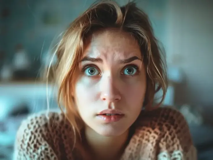 Przerażona kobieta z szeroko otwartymi oczami, jakby szukała ulgi w **alprazolam**.