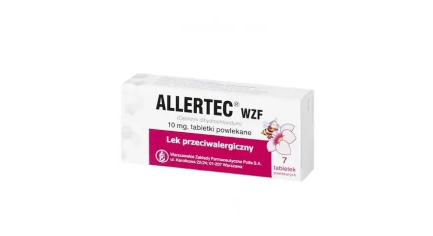 Opakowanie leku Allertec WZF z desloratadyną, 7 tabletek powlekanych, na alergię.