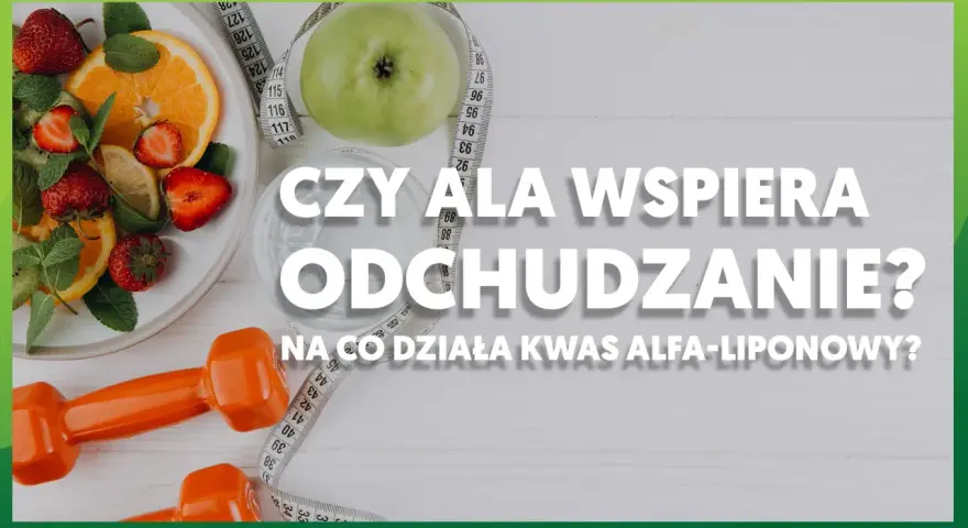 Owoce, jabłko, miarka i hantle sugerują odchudzanie. Czy ala, czyli kwas alfa-liponowy, wspiera ten proces?