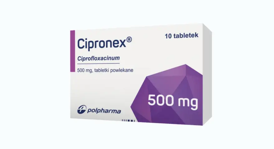 Opakowanie leku Cipronex 500 mg, zawierające 10 tabletek powlekanych.