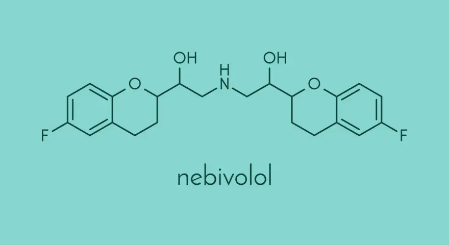 Struktura chemiczna nebiwololu, leku stosowanego w leczeniu nadciśnienia.
