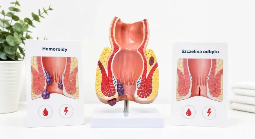 Model anatomiczny odbytu z widoczną szczeliną odbytu i hemoroidami. Obrazek po prawej pokazuje szczelinę odbytu, a po lewej hemoroidy.