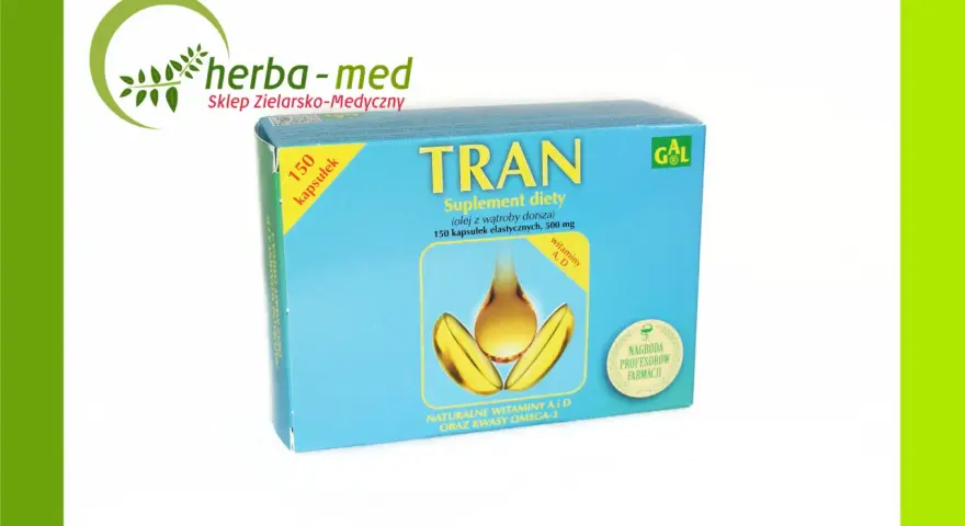Pudełko suplementu diety Tran z olejem z wątroby dorsza, witaminami A, D i kwasami omega-3.