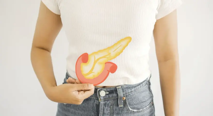 Kobieta trzyma wycięty z papieru symbol trzustki, organu produkującego lipazę, kluczową dla trawienia tłuszczów.