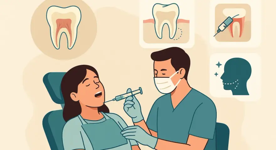 Dentysta podaje znieczulenie, być może propofol, pacjentce. W tle ikony zębów i uśmiechniętej twarzy.