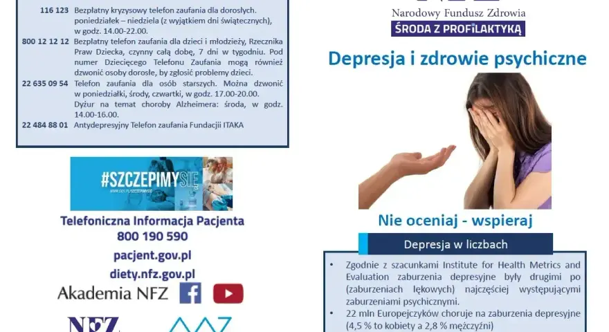 Obraz przedstawia plakat informacyjny o zdrowiu psychicznym. Widać na nim hasła "Depresja i zdrowie psychiczne", "Nie oceniaj - wspieraj" oraz dane kontaktowe do telefonów zaufania, w tym antydepresyjnego. W tle znajduje się zdjęcie osoby ukrywającej t...