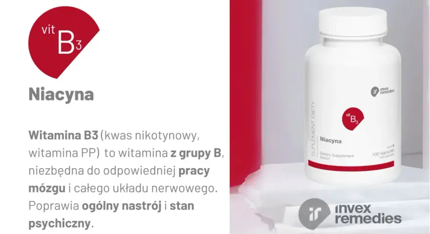 Witamina B3 (niacyna) wspiera pracę mózgu i układu nerwowego, poprawiając nastrój i stan psychiczny.