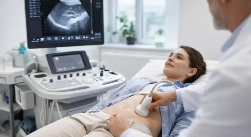 Lekarz wykonuje usg jamy brzusznej pacjentce. Na ekranie widoczny obraz narządów.