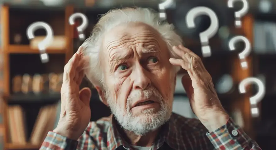 Starszy mężczyzna zdezorientowany, trzymający się za głowę. Wokół niego unoszą się znaki zapytania, symbolizujące chorobę Alzheimera i utratę pamięci.